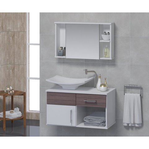 Conjunto Gabinete para Banheiro com Cuba e Espelheira New Stilo Branco/Rustico
