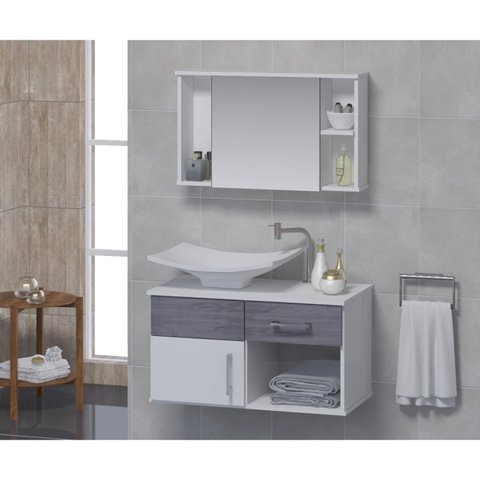 Conjunto Gabinete para Banheiro com Cuba e Espelheira New Stilo Branco/Cinza