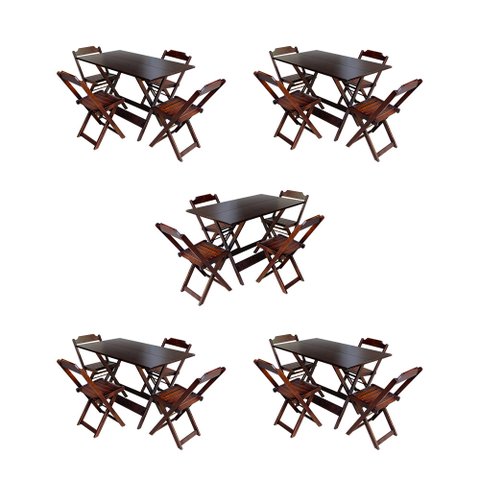 Kit 5 Jogos de Mesa Dobravel com 4 Cadeiras de Madeira 120x70 para Restaurante e Bar - Imbuia