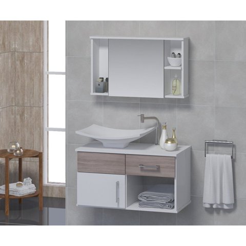 Conjunto Gabinete para Banheiro com Cuba e Espelheira New Stilo Branco/Ciliegio