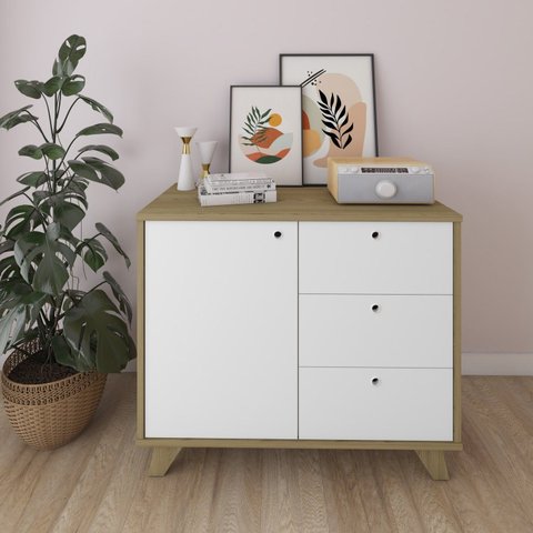 Balcão Retrô para ESCRITÓRIO1 Porta 3 Gavetas Lugano Branco/Olmo Artany