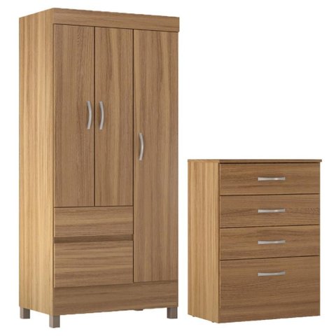 Kit Guarda Roupa Solteiro 3 Portas Wind Cômoda Astral - Amêndola Touch