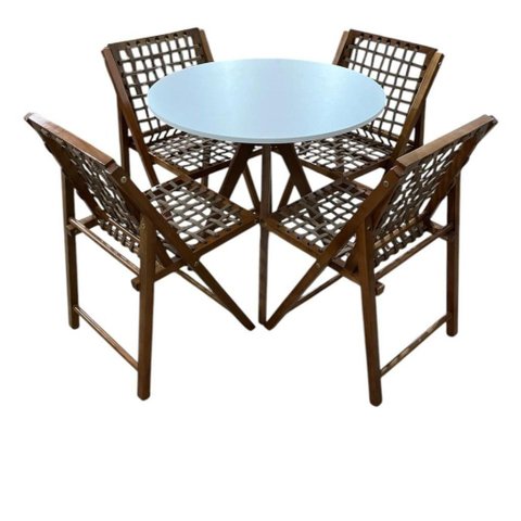 Conjunto Mesa Redonda com 4 Cadeiras em Madeira e Corda Náutica Castanho/branco