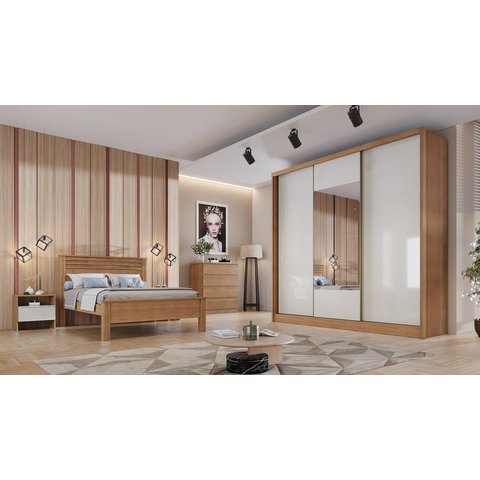 Guarda Roupa Casal com Espelho 3 Portas 4 Gavetas - Arezzo Plus-Cumaru/Fendi - Móveis Novo Horizonte