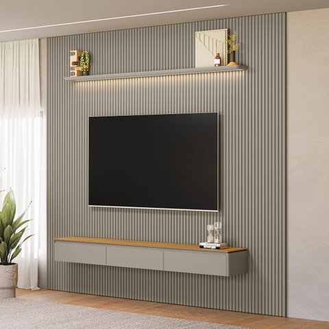 Painel Ripado Modular 297cm Ozero Prateleira MDP/MDF Nicho Arredondado Gris/Tauari Fosco G77 - Gran 