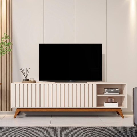 Rack Bancada Açai 180 Cm Tv até 75 com Pés Madeira Maciça Off White