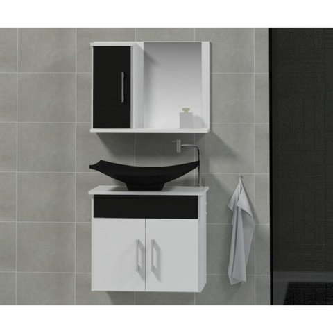 Conjunto Gabinete para Banheiro com Cuba e Espelheira Bali Branco/Preto