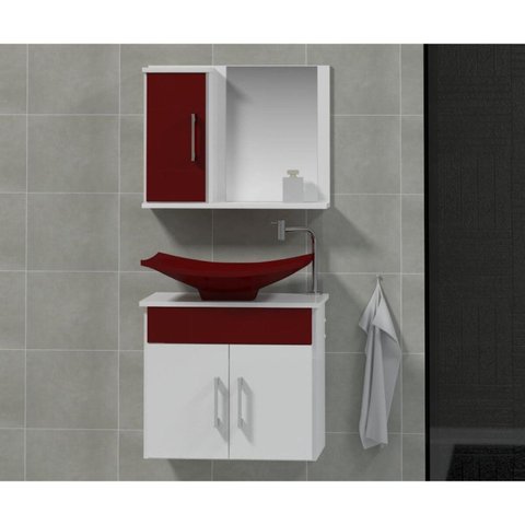 Conjunto Gabinete para Banheiro com Cuba e Espelheira Bali Branco/Vinho
