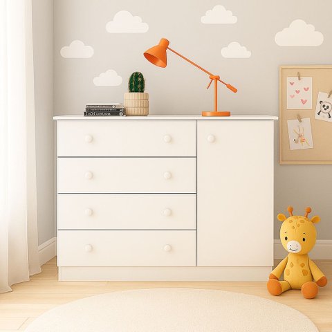 Cômoda Sapateira Helena 4 Gavetas 1 Porta Infantil Branco