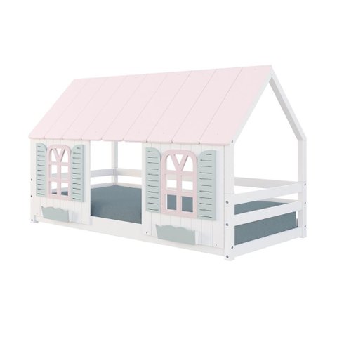 Cama Montessoriano Casinha Bela - Madeira Maciça Branco/rosa/verde | Housin