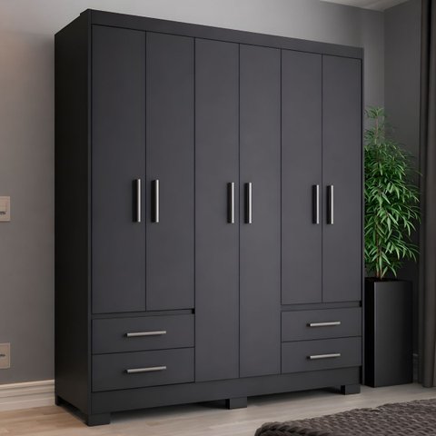 Guarda Roupa Casal 6 Portas 4 Gavetas Primacy Preto/Black