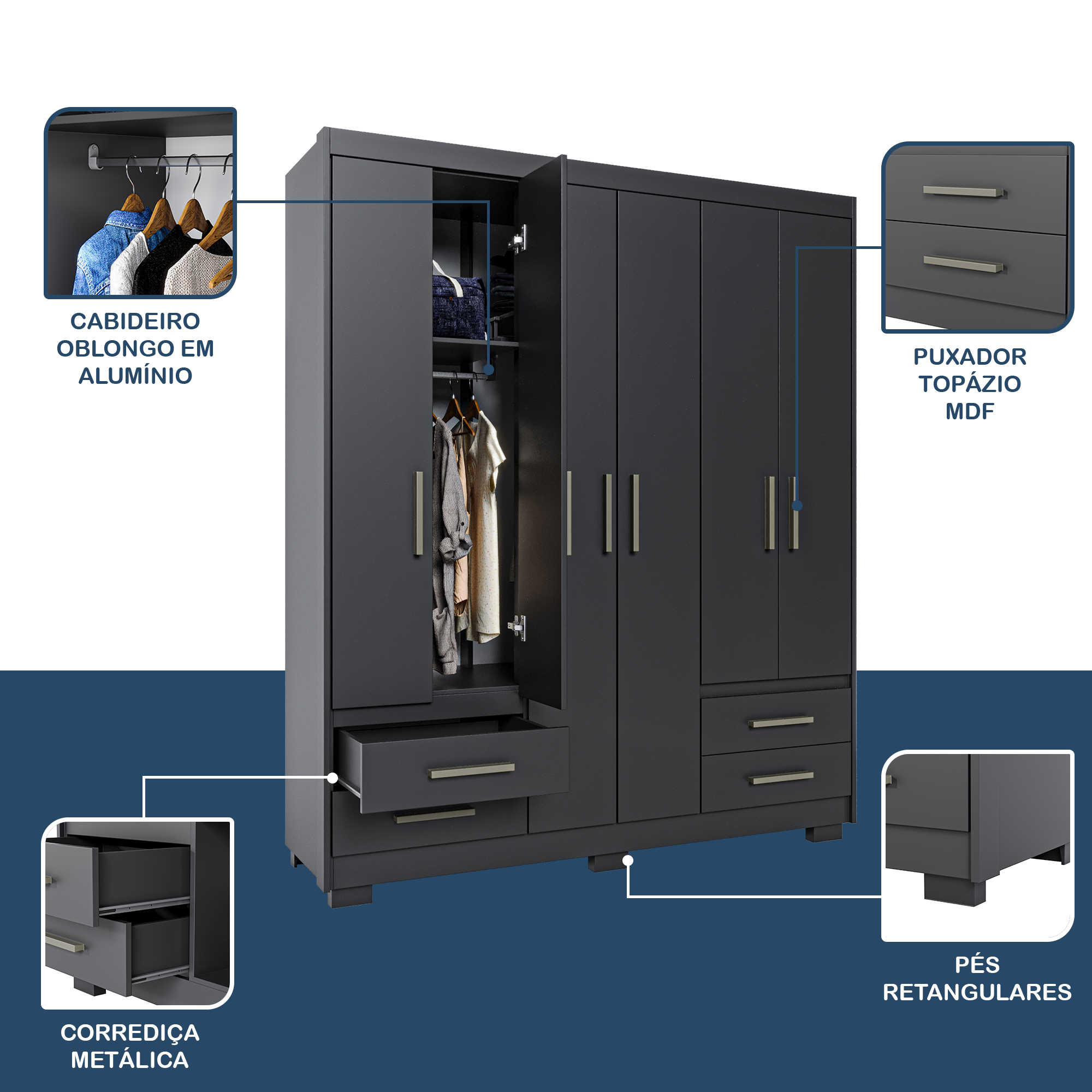 Guarda Roupa Casal 6 Portas 4 Gavetas Primacy   - 6