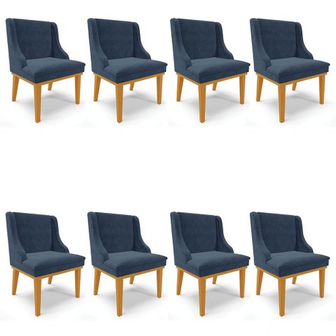 Kit 8 Cadeiras Estofadas para Sala de Jantar Base Fixa de Madeira Castanho Lia Suede Azul Marinho - 