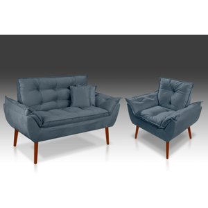 Kit 01 Poltrona + 01 Namoradeira Opala + 02 Almofadas Suede Azul Turquesa -rv Decora