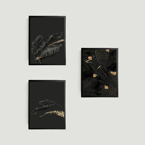 Kit 3 Quadros Folhas Pretas 24x18cm - com vidro:Madeira preta