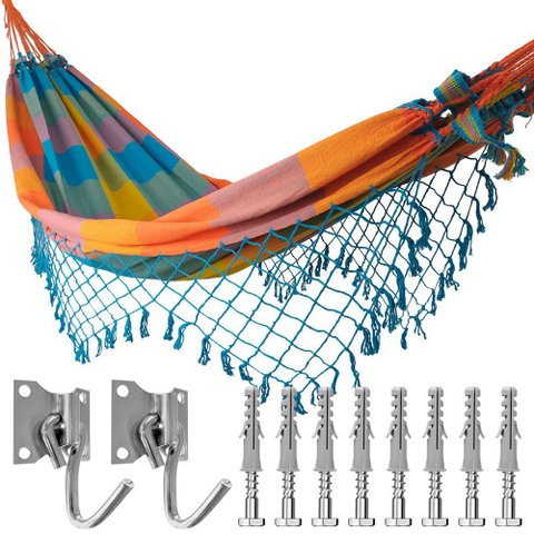 Kit Rede de Dormir Casal Colorida + Ganchos Costura Reforçada