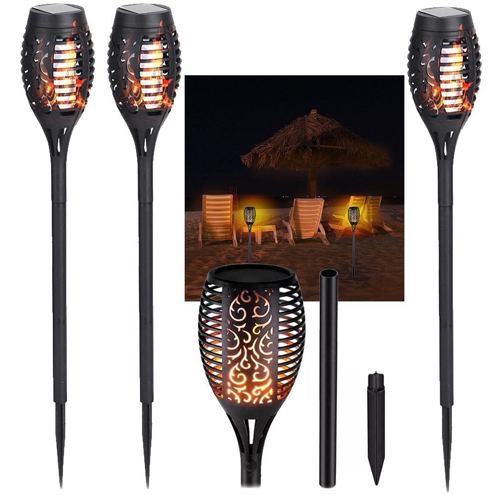 Luminaria Solar Tocha Espeto Fogo 12 leds Balizador Kit 4 Uni Quintal Jardim Praias Lual Decoraçao