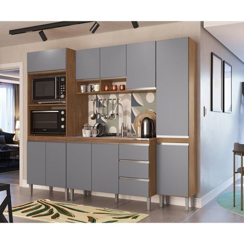 Cozinha 4 Peças 10 Portas 3 Gavetas Athena Laranja/Freijó/Cinza