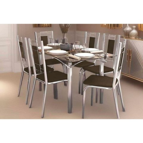 Sala de Jantar Completa Elba C/ Tampo de Vidro 80x150cm e 6 Cadeiras Florença Cromada - Courano