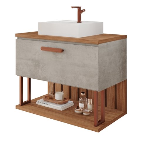 Armário Gabinete Banheiro 80cm MDF Cuba Porta Nicho Cimento