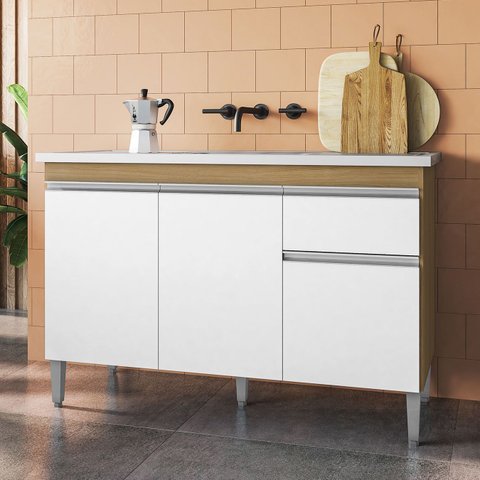 Balcão de Cozinha com Pia Inox 120cm Tatiane Amêndoa/branco - Ajl Móveis