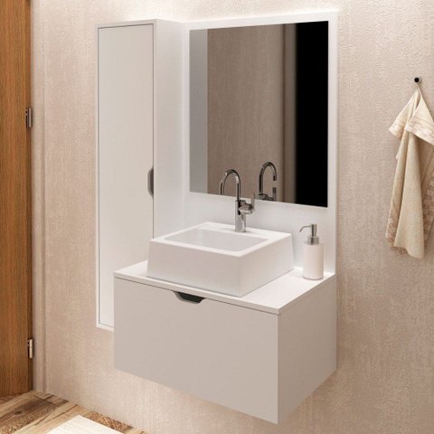 Conjunto Armario Gabinete Banheiro com Espelheira e Cuba Branco - Tecno Mobili