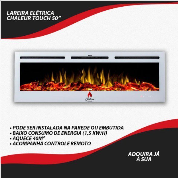 Lareira Elétrica Aquecedor Chaleur Branca 110v Tela de 50" Polegadas de Embutir Ipxo, Classe I, Freq - 5