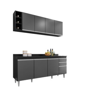 Kit Cozinha Balcão e Aéreo com Nicho 180cm S/ Tampo - Belliv Decor:preto/grafite