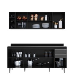 Kit Cozinha Balcão e Aéreo com Nicho 180cm S/ Tampo - Belliv Decor:preto/grafite - 2