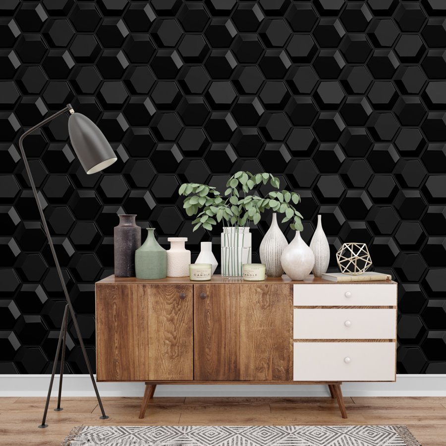 KIT 24 Placas 3D PVC Preto Decoração Revestimento PREMIUM de Parede e Teto (4m²) - HEXAGON - 4