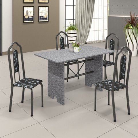 Conjunto de Mesa 120x75cm Tampo Granito com 4 Cadeiras Bianca Prata/Martelado/Ocre/Preto Floral