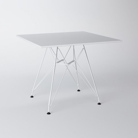 Mesa Eiffel Quadrada 90cm Tampo De Madeira Branco Com Base De Ferro Branco