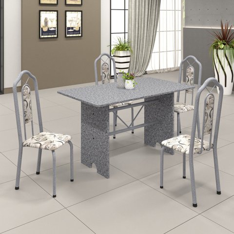 Conjunto de Mesa 120x75cm Tampo Granito com 4 Cadeiras Bianca Branco/Martelado Pérola/Ocre/Arabesco
