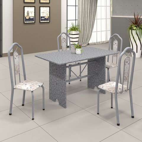Conjunto de Mesa 120x75cm Tampo Granito com 4 Cadeiras Bianca Soma Móveis Prata/Martelado/Ocre/Botanic Bege