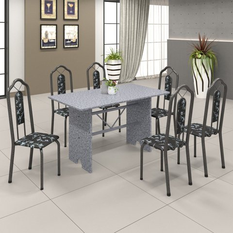 Conjunto de Mesa 140x75cm Tampo Granito com 6 Cadeiras Bianca Soma Móveis Prata/Martelado/Ocre/Preto Floral