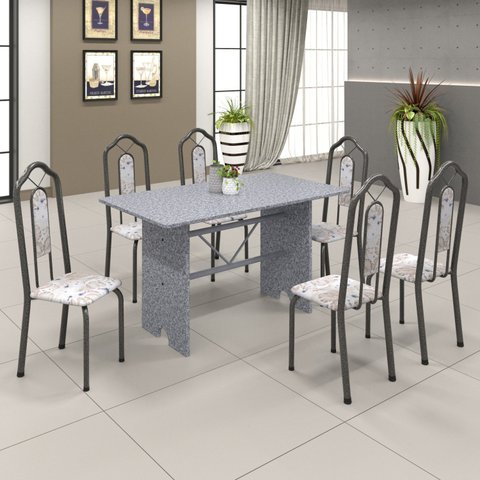 Conjunto de Mesa 140x75cm Tampo Granito com 6 Cadeiras Bianca Soma Móveis Prata/Martelado/Ocre/Botanic Bege