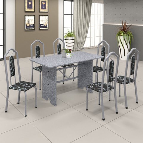 Conjunto de Mesa 140x75cm Tampo Granito com 6 Cadeiras Bianca Soma Móveis Branco/Martelado Perola/Ocre/Preto Floral
