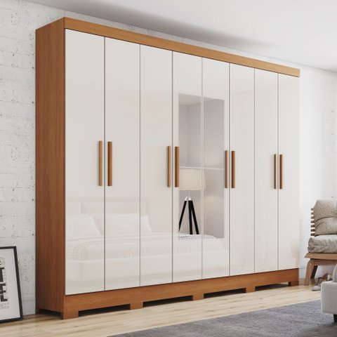 Guarda Roupa Roupeiro Casal Prime B51 Briz 8 Portas 4 Gavetas com Espelho Cinamomo Off White Henn