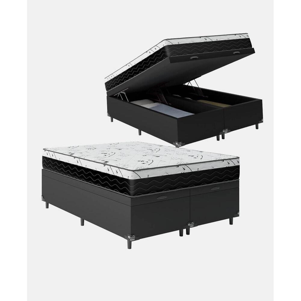 Cama Box Baú Queen Bipartido 158 Sintético Preto com Colchão Espuma D33 One Face 57x158x198