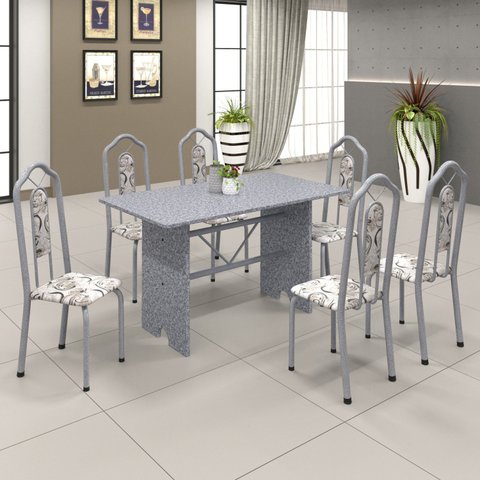 Conjunto de Mesa 140x75cm Tampo Granito com 6 Cadeiras Bianca Soma Móveis Branco/Martelado Perola/Ocre/Arabesco