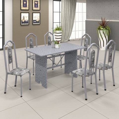 Conjunto de Mesa 140x75cm Tampo Granito com 6 Cadeiras Bianca Soma Móveis Branco/Martelado Perola/Ocre/Paraopeba