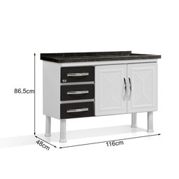 GABINETE ARMARIO DE COZINHA 100% AÇO PARA PIA 1.20 MT 2 PORTAS 3 GAVETAS BRANCO/PRETO -MARROART - 1
