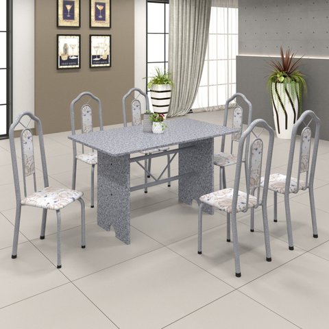 Conjunto de Mesa 140x75cm Tampo Granito com 6 Cadeiras Bianca Branco/Martelado Perola/Ocre/Botanic Bege