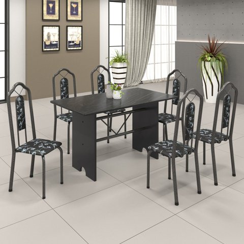 Conjunto de Mesa 140x75cm Tampo Ardósia com 6 Cadeiras Bianca Soma Móveis Prata/Martelado/Ardosia Indiano/Preto Floral