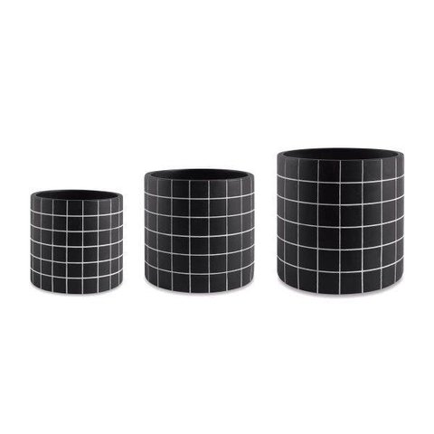 Kit Cachepot Xadrez Preto em Cimento 3 Pçs - Mart
