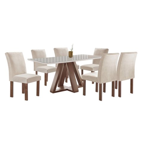 Mesa Kyra 170CMX90CM 6 Cadeiras Canela Tampo Smart Plus Vidro Off White