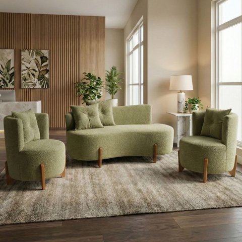 Conjunto 2 Poltronas + Sofá Curvo Orgânico Luna Boucle Verde Menta - Montanaris Decor