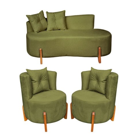 Conjunto 2 Poltronas + Sofá Curvo Orgânico Luna Boucle Verde Menta - Montanaris Decor