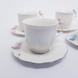 Xícara Chá com Pires Porcelana Birds Round 4 peças Wolff 200ml - 2