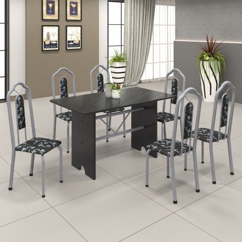 Conjunto de Mesa 140x75cm Tampo Ardosia com 6 Cadeiras Bianca Branco/Martelado Pérola/Preto Floral